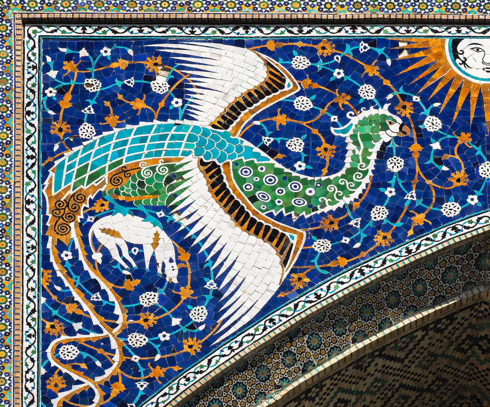 Bird Simurgh on Nadir Devanbegi Madrasah, Bukhara, Uzbekistan.