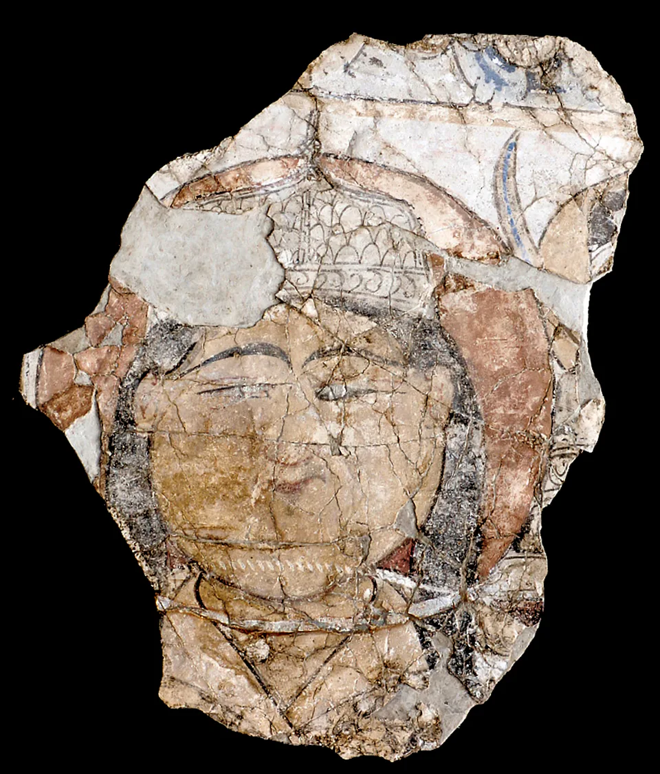 File:Kara-Khanid ruler (sitting cross-legged on a throne), Afrasiab, circa 1200 CE (restored) 39°40′33″N 66°59′20″E / 39.675932°N 66.988991°E / 39.675932; 66.988991