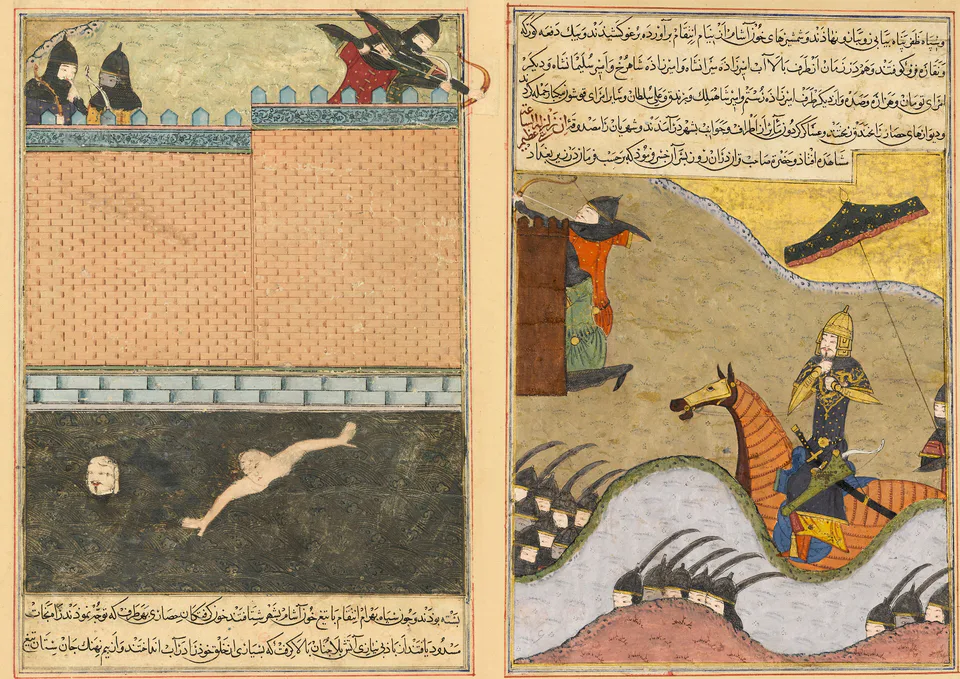 Timur takes Baghdad in August 1401. Zafarnama of 1436. Facing folios 346v (left) 345r (right) Reference: Sims, E. G. (1991): Ibrahim-Sultan's Illustrated Zafar-nameh of 839/1436. Islamic Art 4, pp. 17