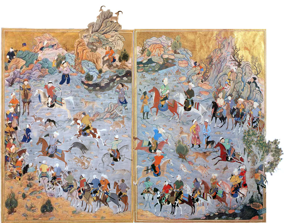 Hunting scene from the Hast Bahist by Kamal al-Din Bihzad, Herat, 1496 (complete frontispiece)