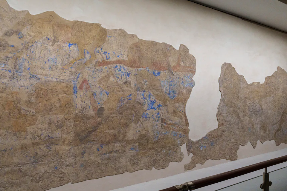 Afrasiab murals at the Afrasiab Museum in Samarkand, Uzbekistan, May 2026. Dating to the 7th century, these ancient wall paintings depict diplomatic encounters and aspects of Sogdian court life, refle