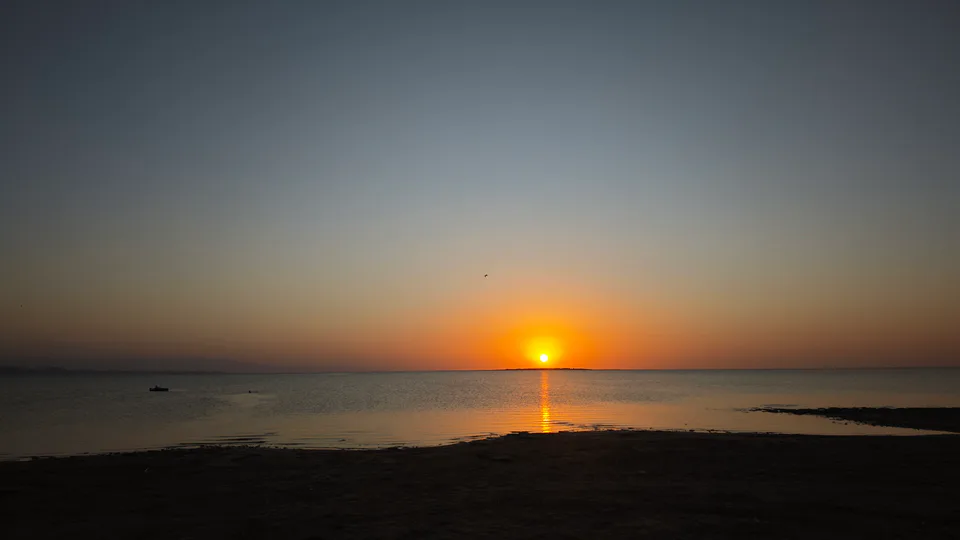 Sunset at the Aidarkul lake. Arnasai ornitological reserve, Forish District, Jizzakh region, Uzbekistan.