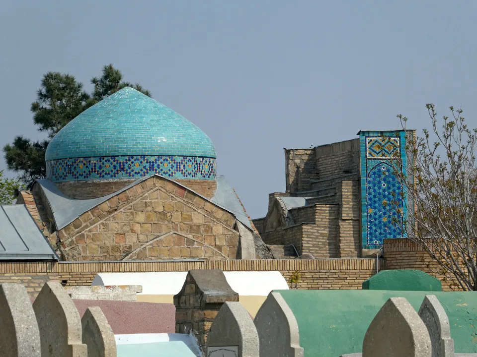 Dome of Dahma-i-Shokhon mausoleum viewed from Kokand cemetery, Uzbekistan
