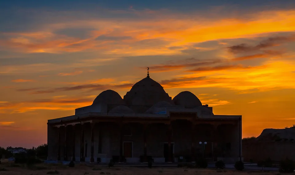 Silhoette of the Deggaron mosque in the sunset. Qatagun, Karmana District, Navoiy Region, Uzbekistan.