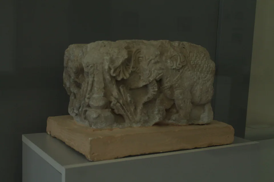 Old Termez elephant among Lotus flowers. Architectural element