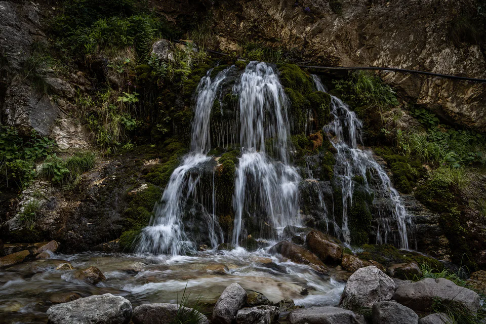 Spring waterfall in Gulkam gorge. Ugom-Chatkal national park, Tashkent Region, Uzbekistan.