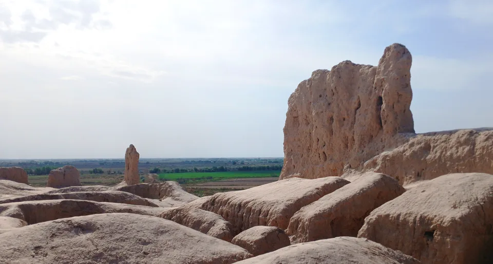 The southern part of the Gyaur-Kala Fortress where some parts of the wall and structure remnants are standing