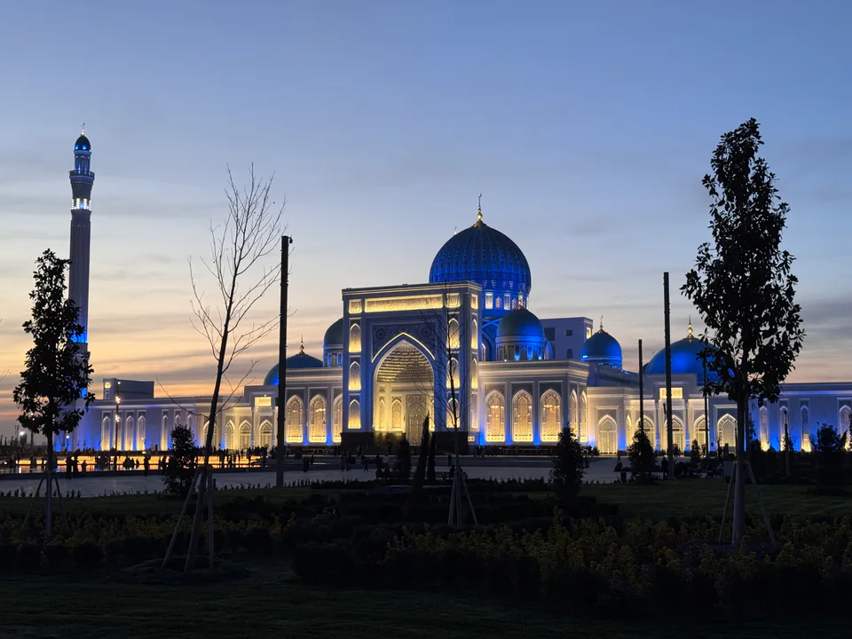 Overview of the Imam al-Bukhari Memorial Complex at night