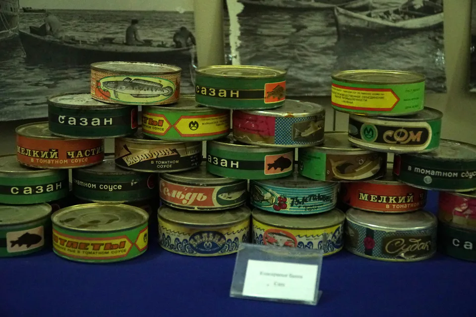 Soviet era fish cans in the Aral Sea Museum, Mo'ynoq