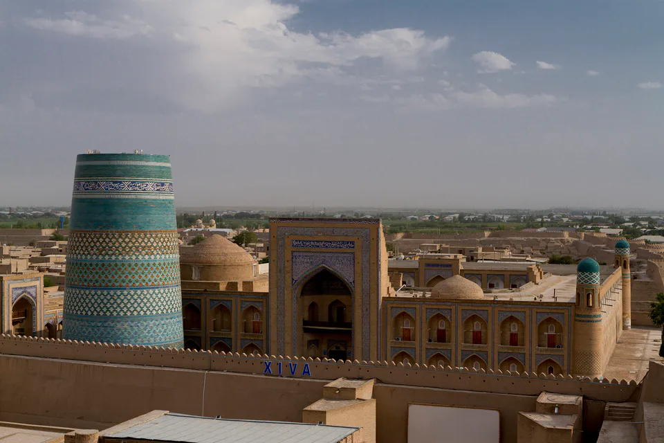 Aerial view of Khiva with Muhammad Amin Khan Madrasa