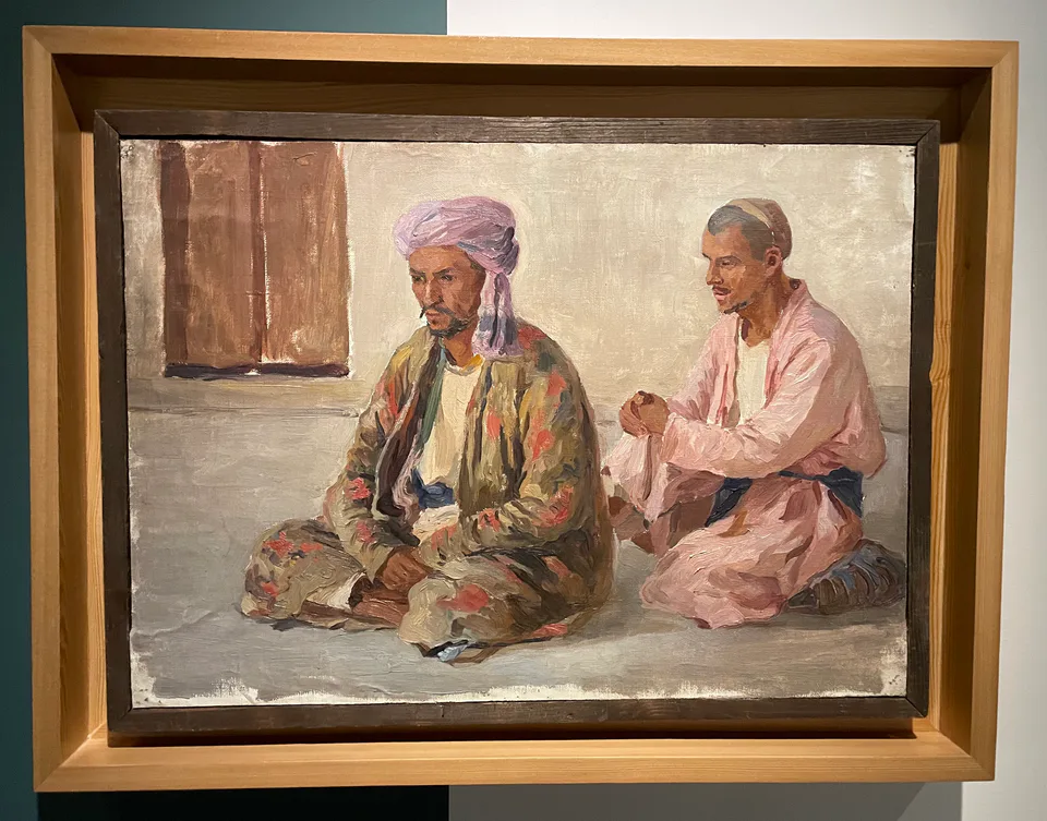 Ivan Kazakov, Two sitting Uzbeks, oil on canvas, c. 1900, collection of State Museum of Arts of Uzbekistan, exhibited in the Savitsky Museum Nukus