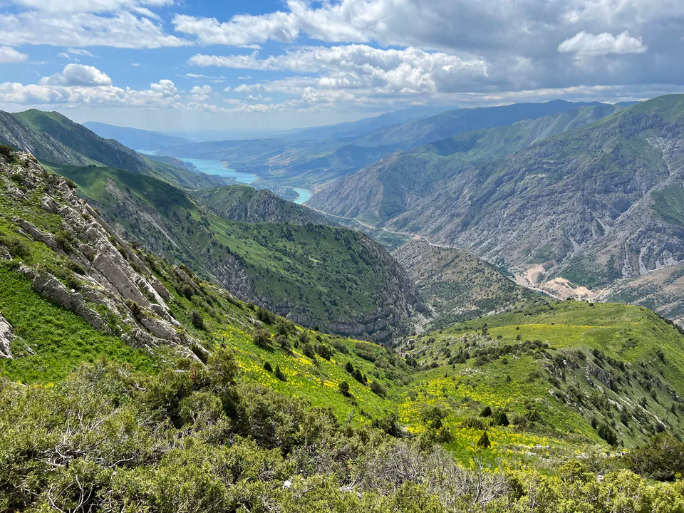 Pskem valley view from Ainatash rock. Ugom-Chatkal national park, Tashkent Region, Uzbekistan.