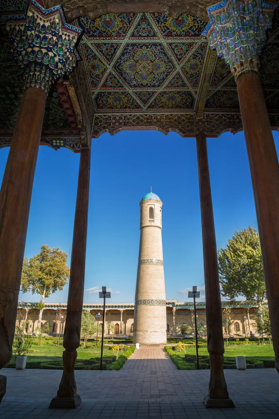 Jami Mosque minaret (viewed from under the roof of mosque), Kokand, Uzbekistan