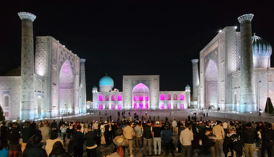 Registan at night in Samarkand, Uzbekistan