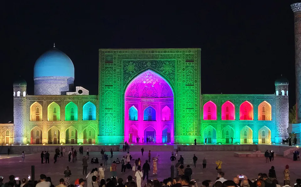 Tilya-Kori Madrasa at night in Samarkand, Uzbekistan