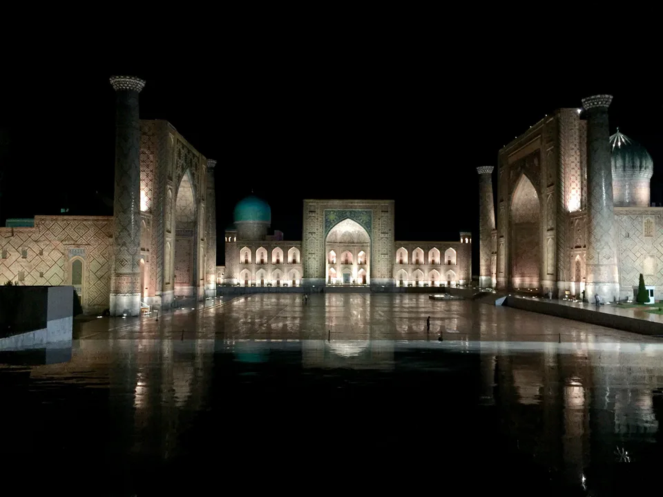 Registon Squer at raining night in Samarkand, Uzbekistan