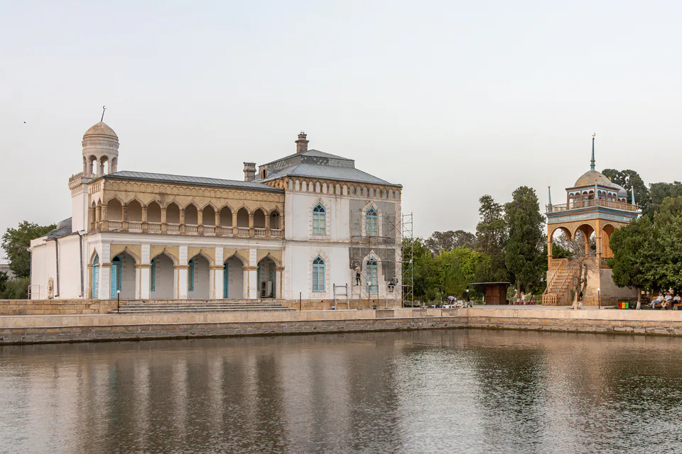 Two-story pavilion and summer mosque in Sitorai Mokhi Khossa complex. Bukhara, Uzbekistan.