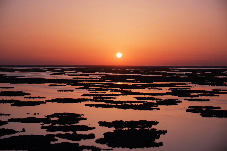 Sunrise over Sudochye lake. Sudochye reserve, Karakalpakstan, Uzbekistan.