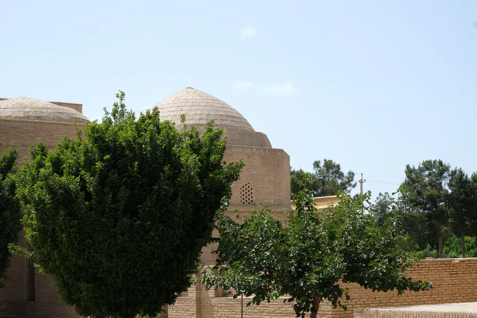 Elevated view showing the brick domes and architectural layout of the Sultan Saodat mausoleum complex in Termez.