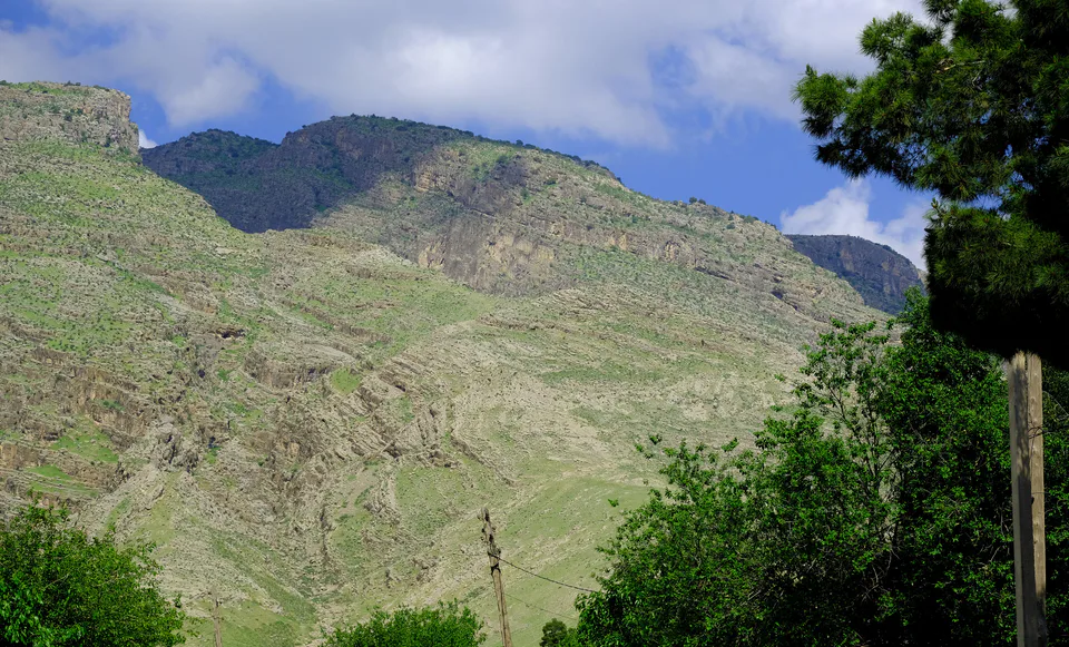 Beautiful view of the rocky Kuhitang mountain slopes framed by lush green trees and local flora in the foreground, showcasing the biodiversity of the protected reserve.