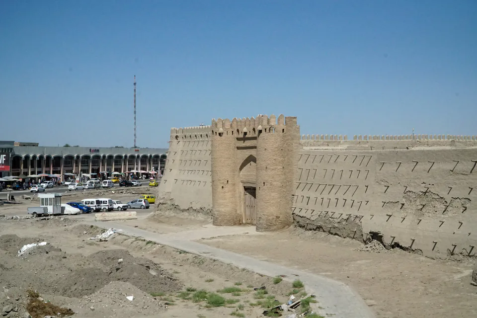 Old city walls and gate of Bukhara from outside