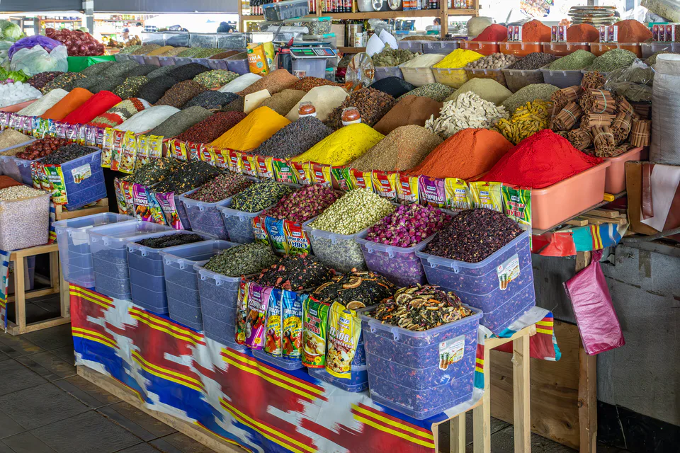 Spices and tea are sold at the Chorsu market in Tashkent, Uzbekistan, August 2025.