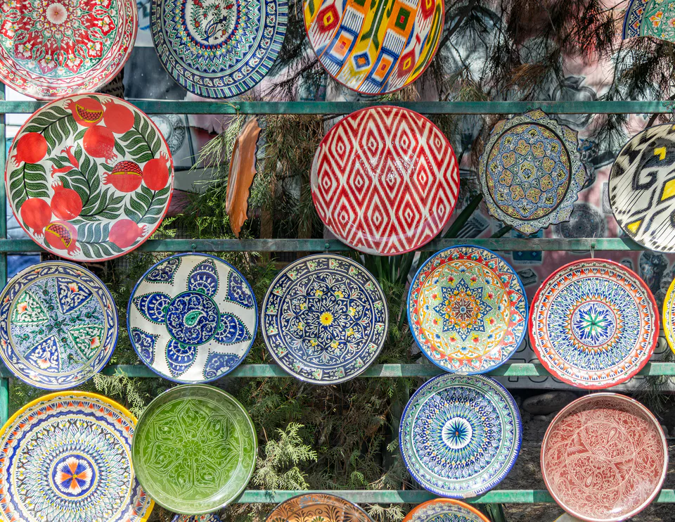 Painted plates for sale at the Chorsu market in Tashkent, Uzbekistan, August 2025.