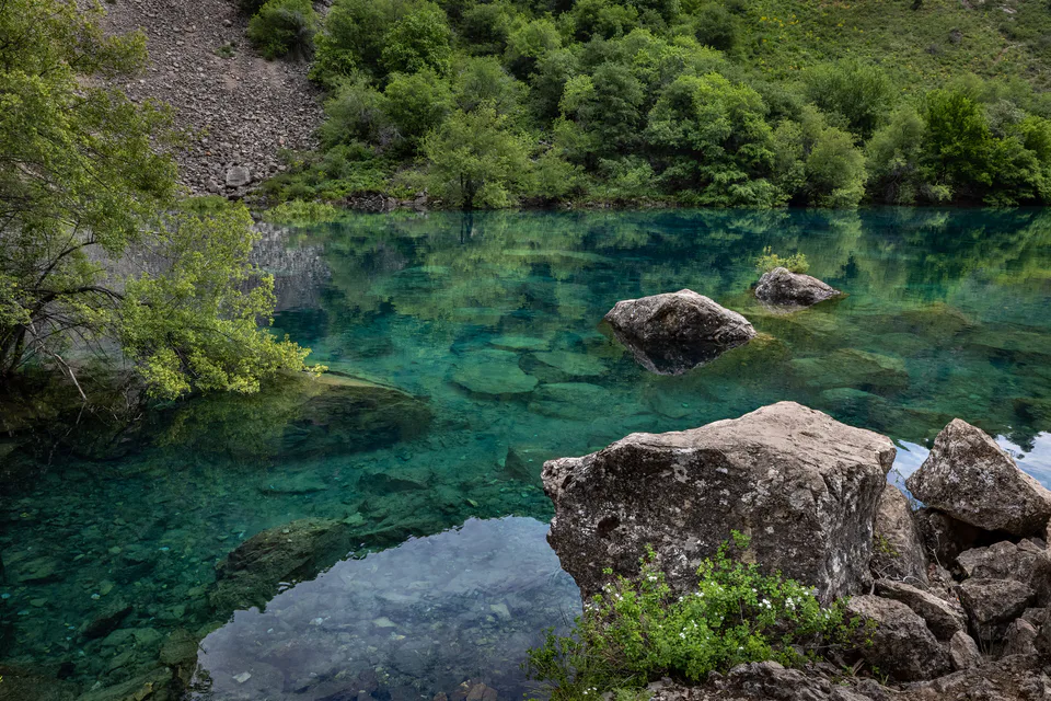 Shores of Lower Urungach lake. Tashkent Region, Uzbekistan