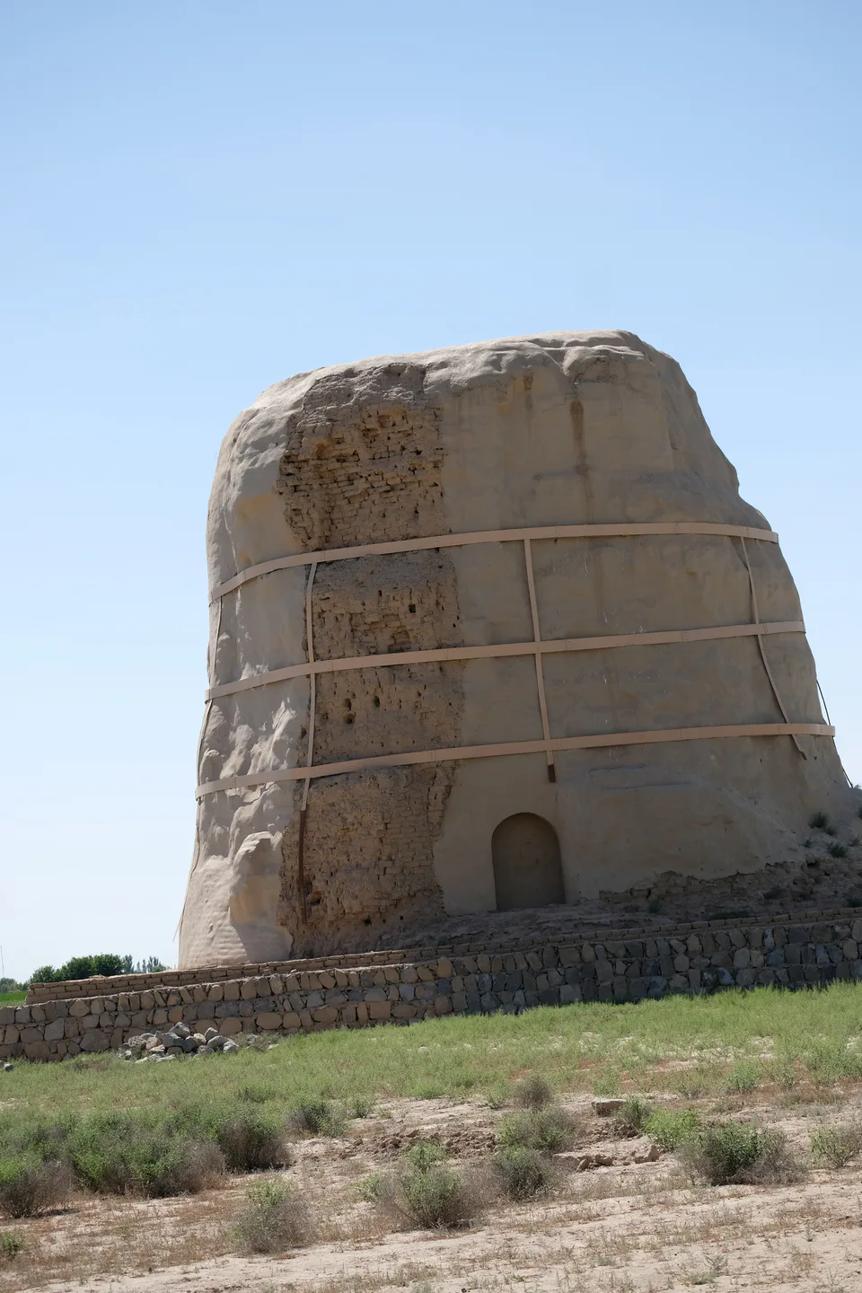 General full view of the ancient Zurmala Stupa, one of the oldest surviving Buddhist monuments in Central Asia.