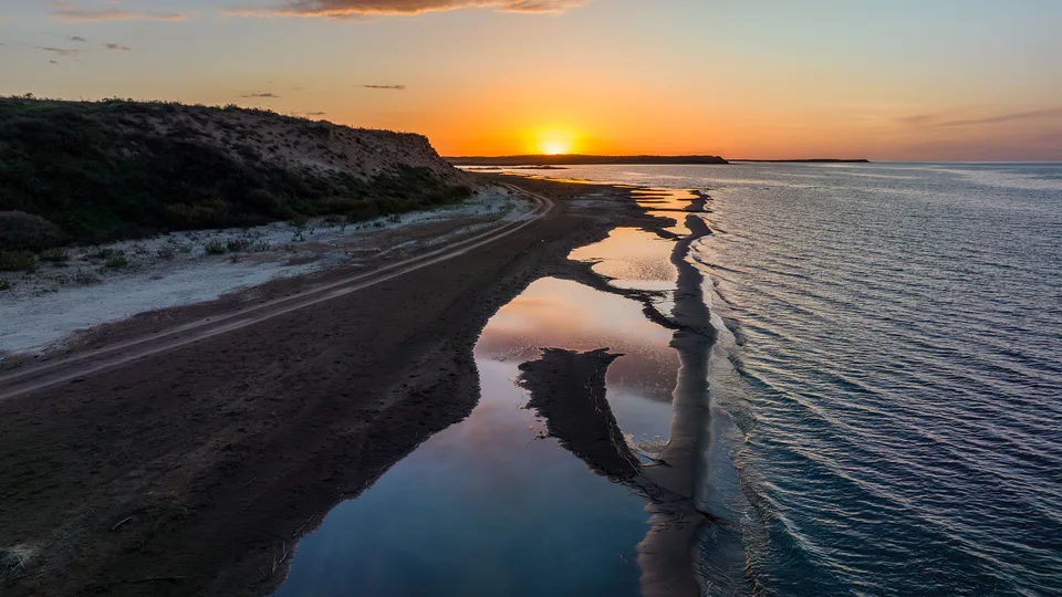 Sunset photographed from above at the coast of Aidarkul lake. Arnasay ornitological sanctuary, Jizzakh Region, Uzbekistan.