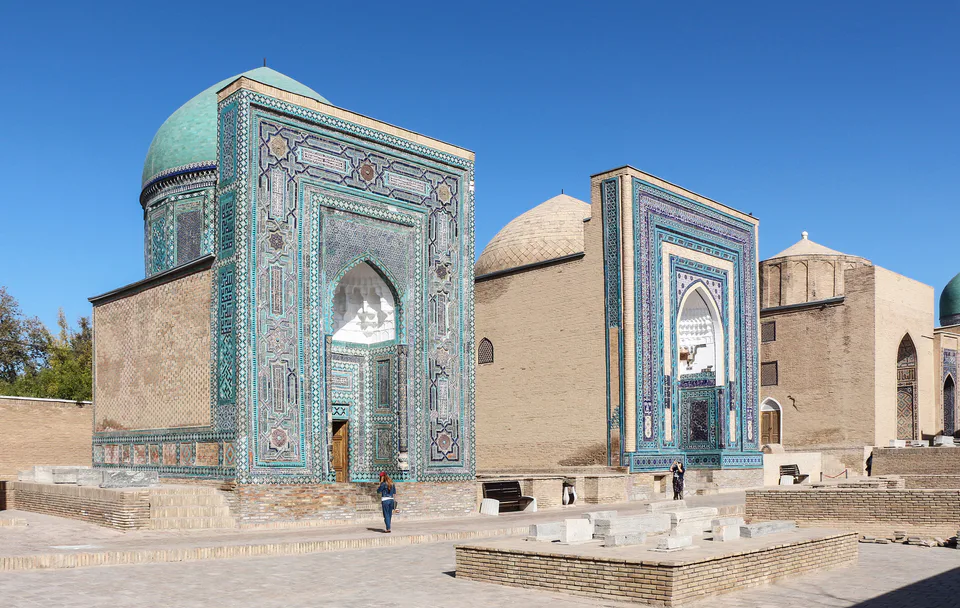 Ustad Ali Nasafi Mausoleum, Unknown mausoleum №2 and Amir Burunduk Mausoleum, Shah-i-Zinda, Samarkand, Uzbekistan